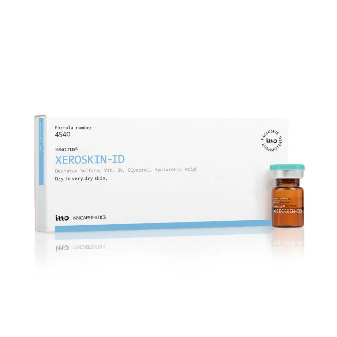 Box and vial of INNO-TDS Xeroskin ID, a hydration solution for dry to very dry skin, includes 4 vials per kit to improve skin moisture.