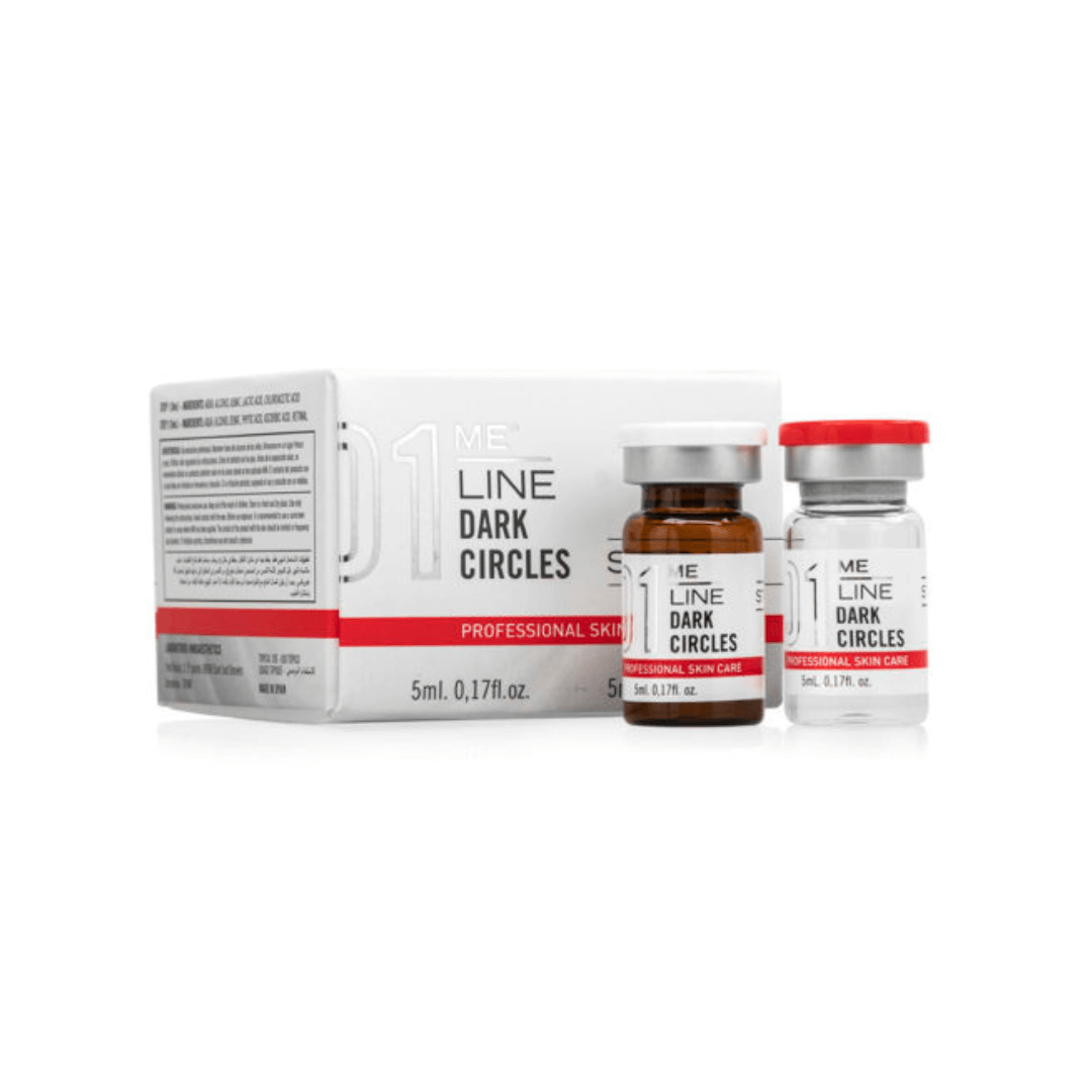 ME Line 01 Dark Circles, 2x5ml vials for professional use, box opened showing one brown and one clear vial for periorbital pigmentation.