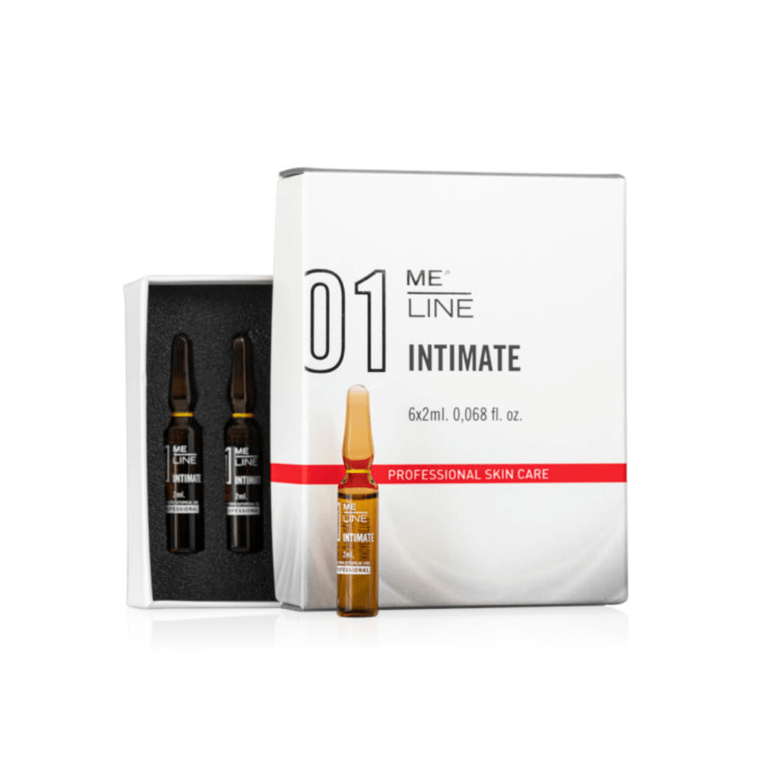 ME Line 01 Intimate, 6x2ml vials for professional use, box opened showing one brown vial for depigmenting intimate areas.