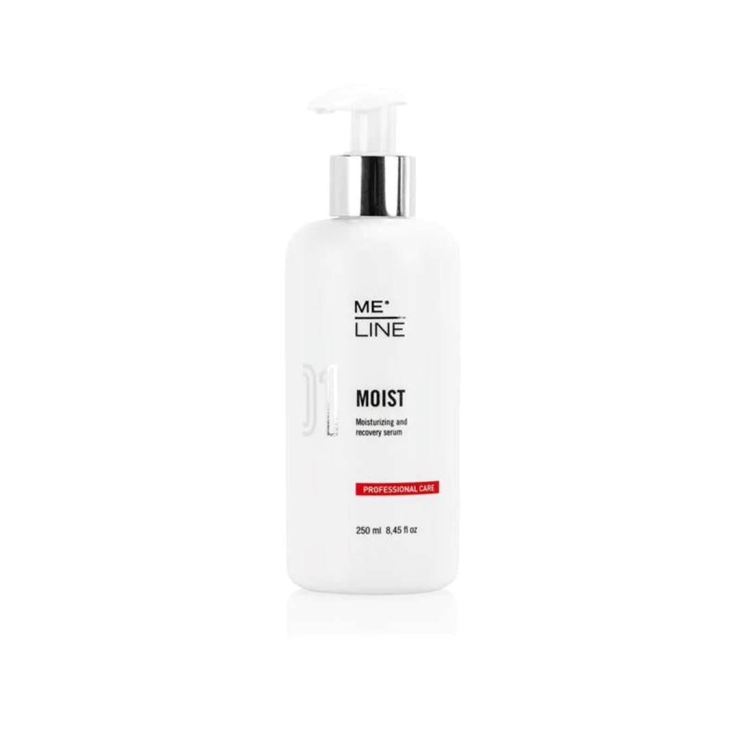 ME Line 01 Restore, 250ml pump bottle for dermal recovery, promotes skin healing and collagen production.