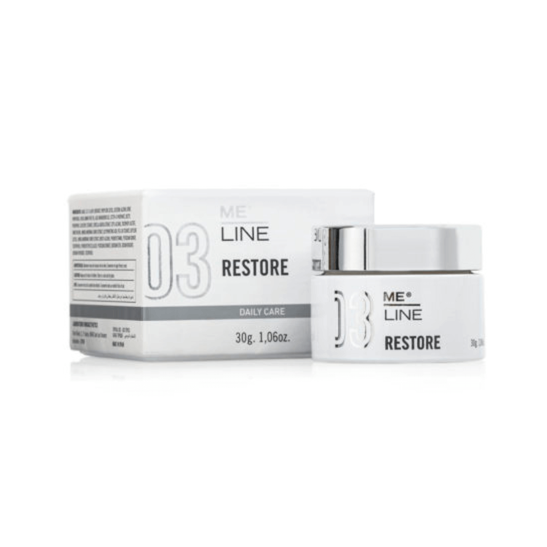 ME Line 03 Restore, 30g jar with box, for promoting skin healing and collagen production.