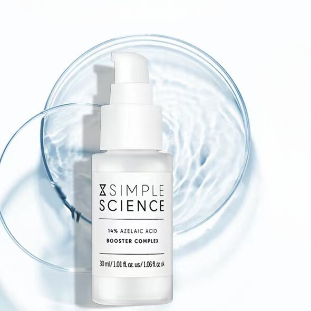 Isomers Skincare 14% Azelaic Acid Booster Complex bottle placed on a clear dish with water in the background.