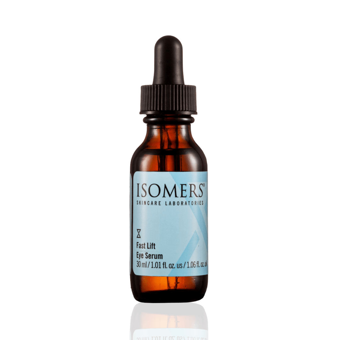 Isomers Skincare Fast Lift Eye Serum 30ML in a brown bottle with a dropper, effective for firming skin and reducing eye puffiness.