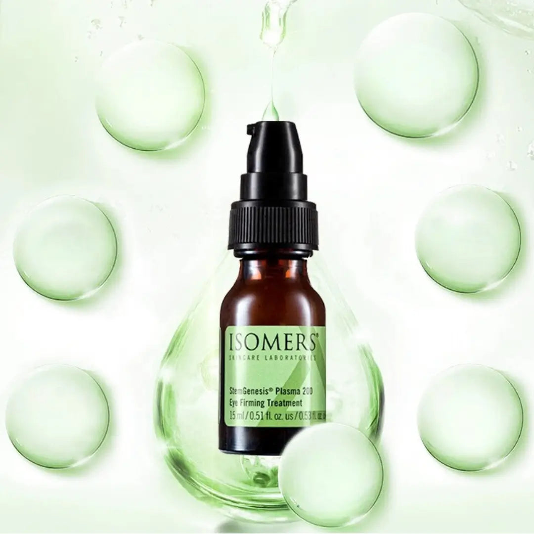 Isomers Skincare StemGenesis Plasma 200 Eye Firming Treatment 15ML bottle with a backdrop of green droplets, highlighting its eye-firming and anti-aging benefits.