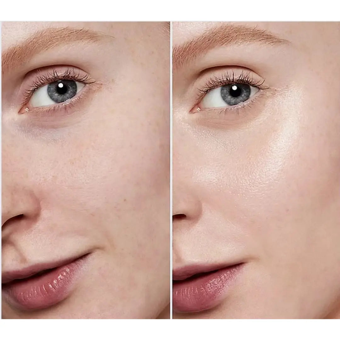 Close-up comparison of a woman's skin before and after using Isomers Skincare Fast Lift Eye Serum, showing reduced redness and smoother texture.