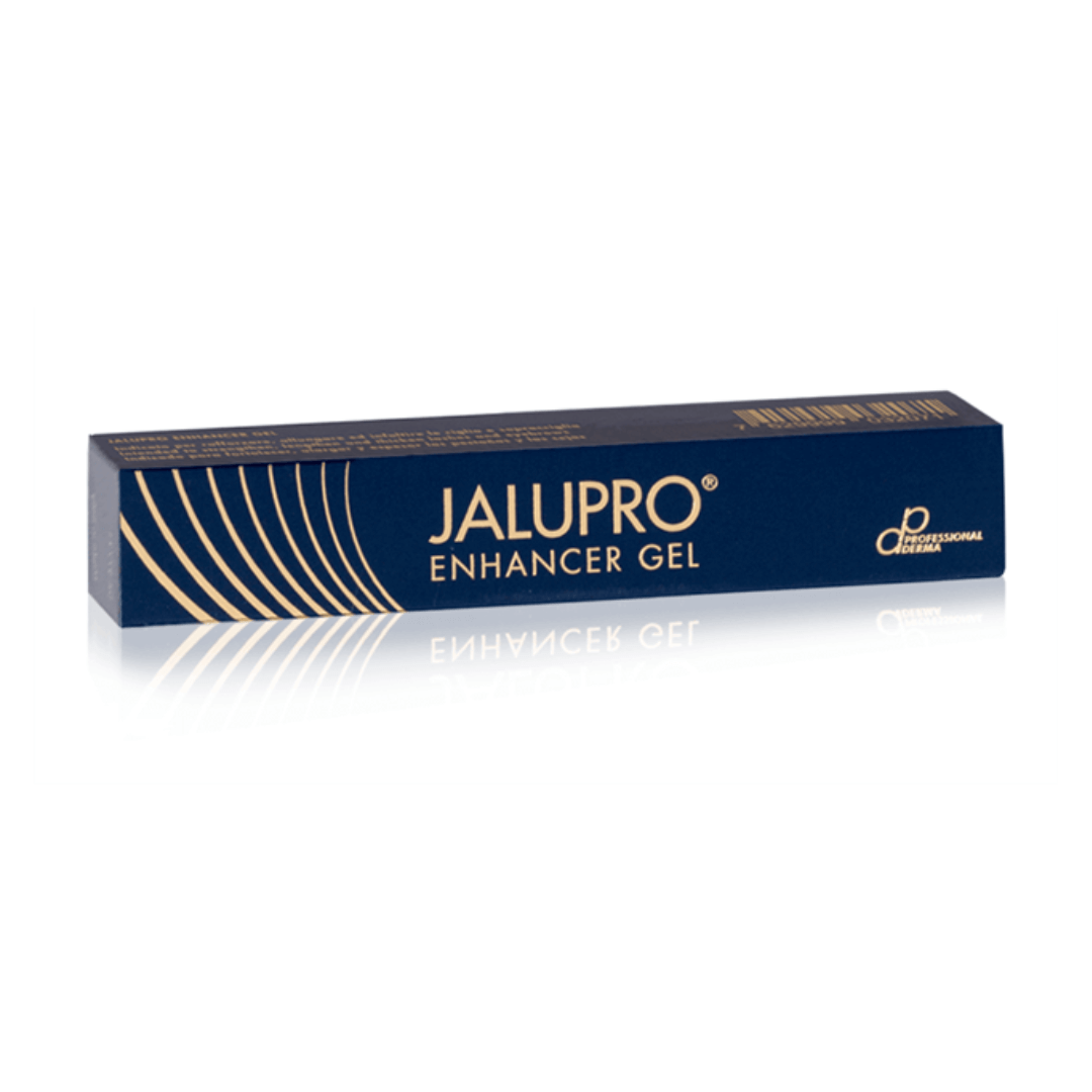 Jalupro Enhancer Gel for Eyelashes and Eyebrows in a navy blue box with gold lettering, designed to promote growth and regrowth of lashes and brows.