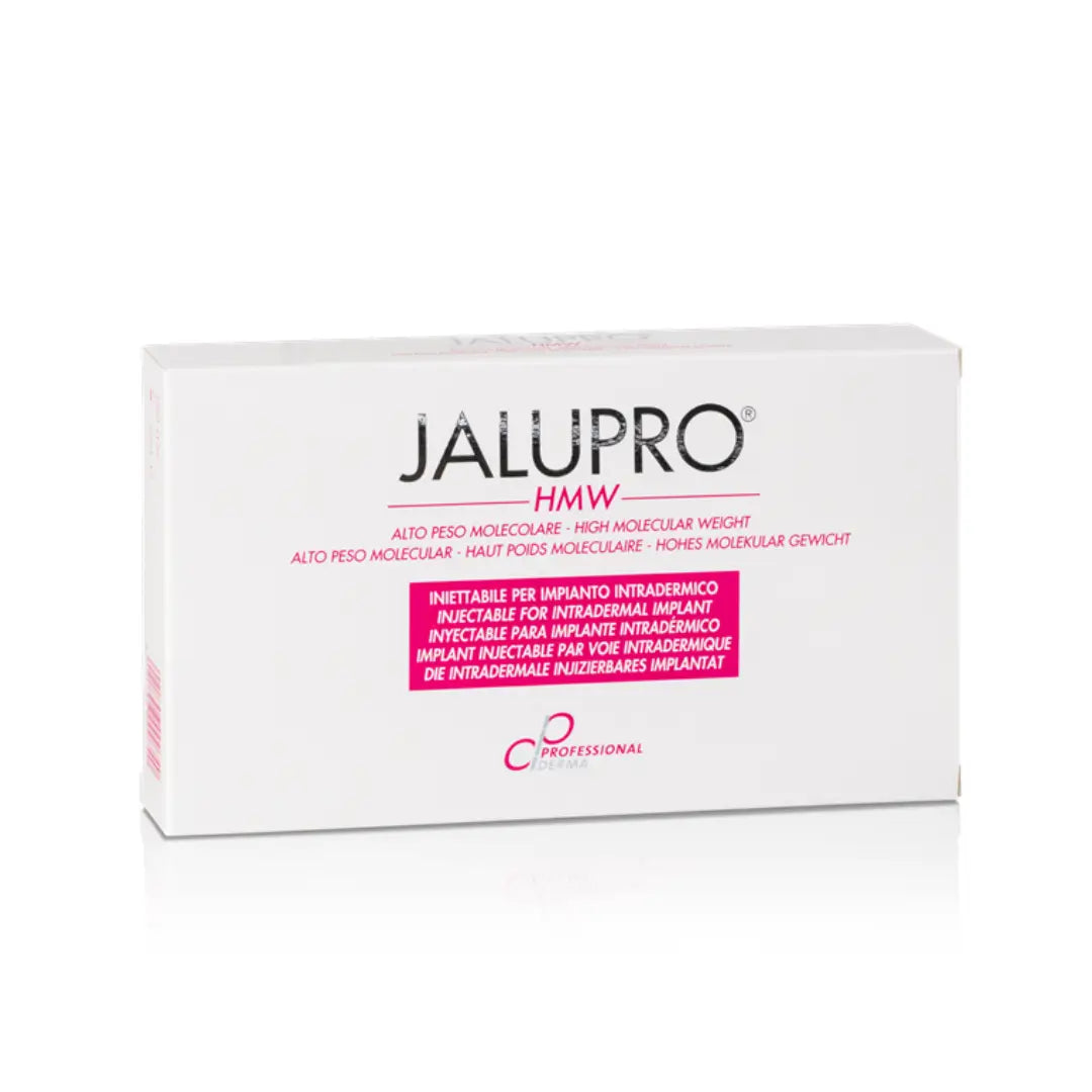 Jalupro HMW packaging showing high molecular weight injectable for aesthetic treatments, highlighted with red and white detailing on box.