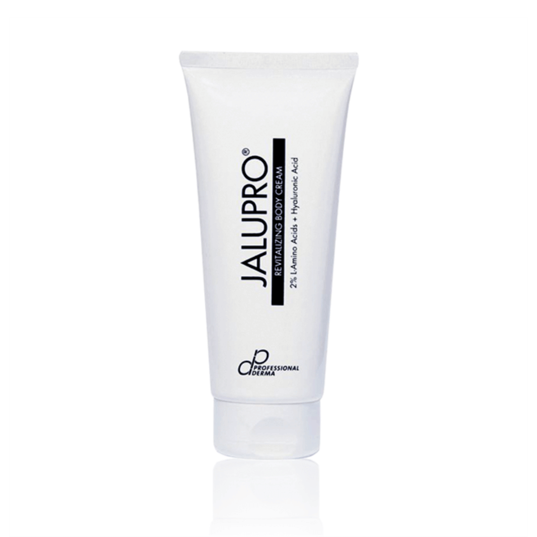 Tube of Jalupro Revitalizing Body Cream with 2% Amino Acids and Hyaluronic Acid for skin hydration and anti-aging, displayed on a clean white background.