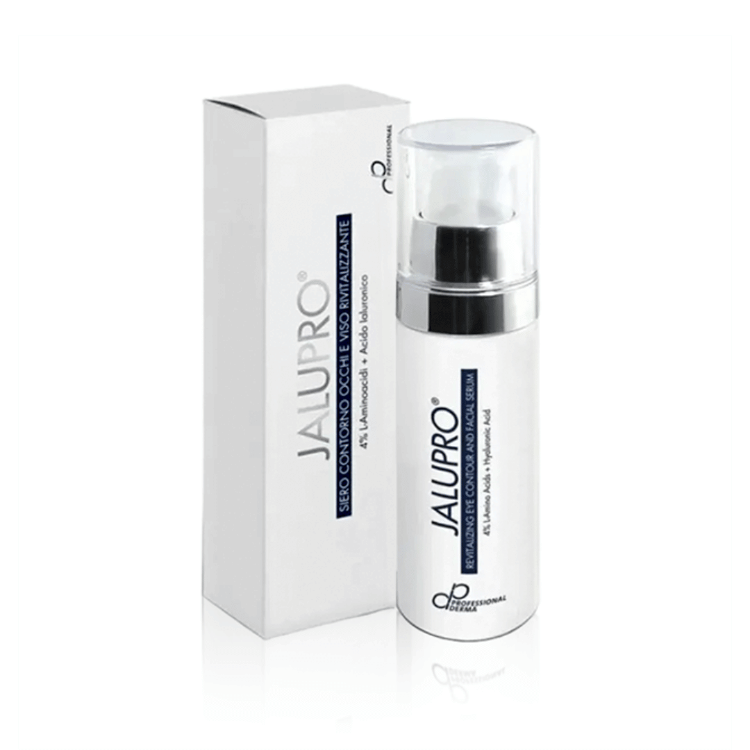 Jalupro serum bottle next to its packaging, focusing on its anti-aging benefits with 4% L-Amino Acid and Hyaluronic Acid, ideal for eye and face contour.