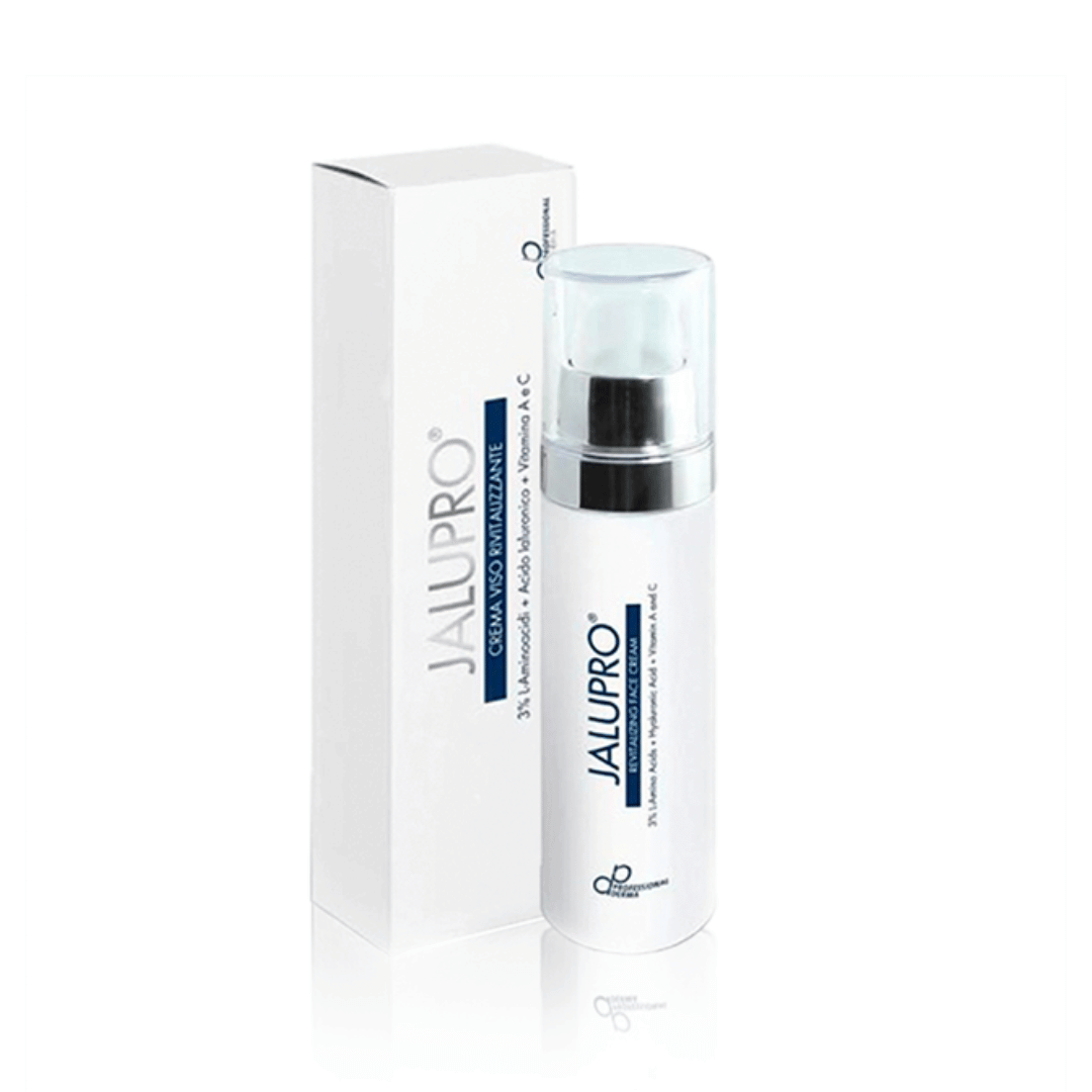 Jalupro Revitalizing Face Cream bottle and packaging, highlighted with Vitamin A and C, designed for anti-aging and skin hydration.