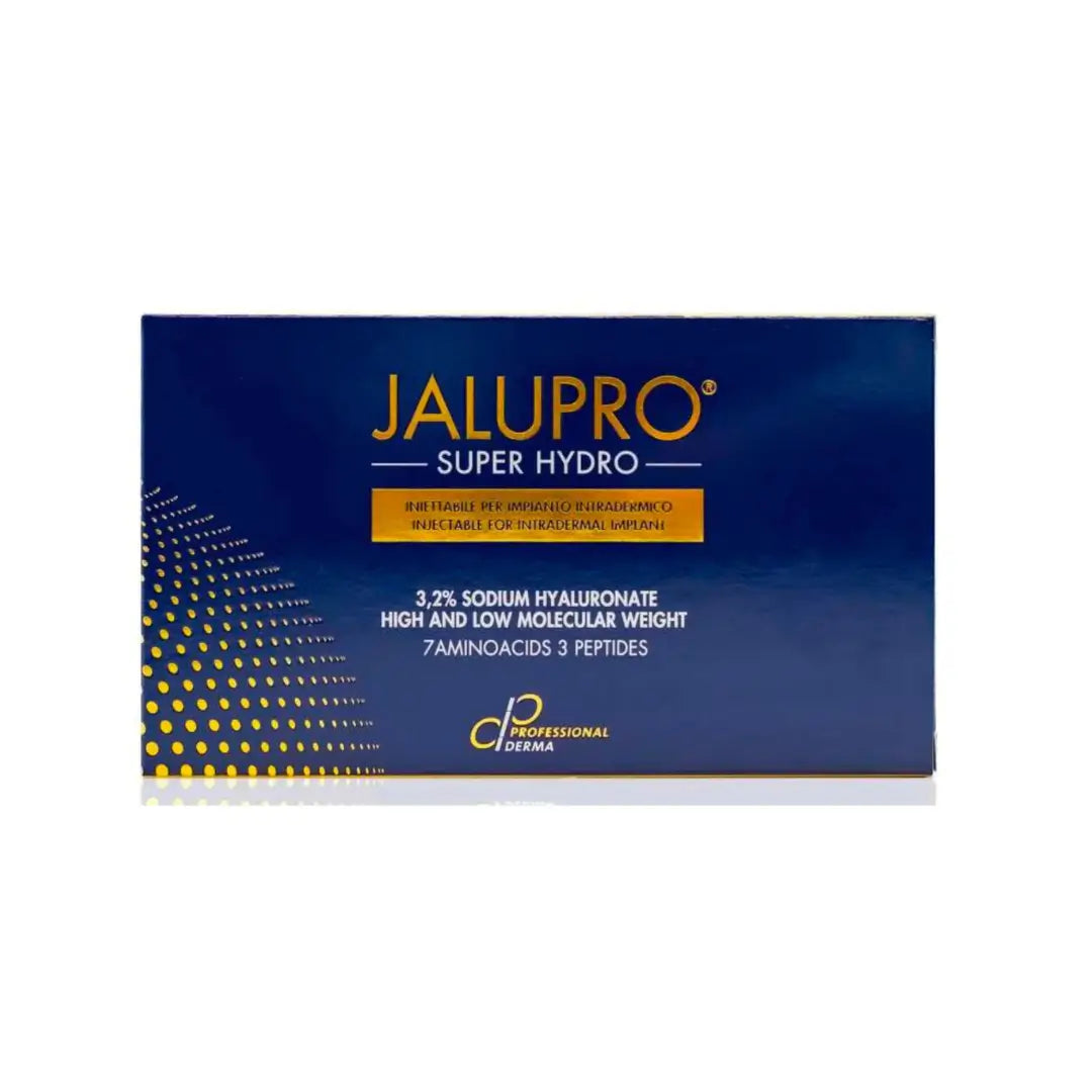 Jalupro Super Hydro box featuring 3.2% sodium hyaluronate for skin hydration, detailed with blue and gold design.