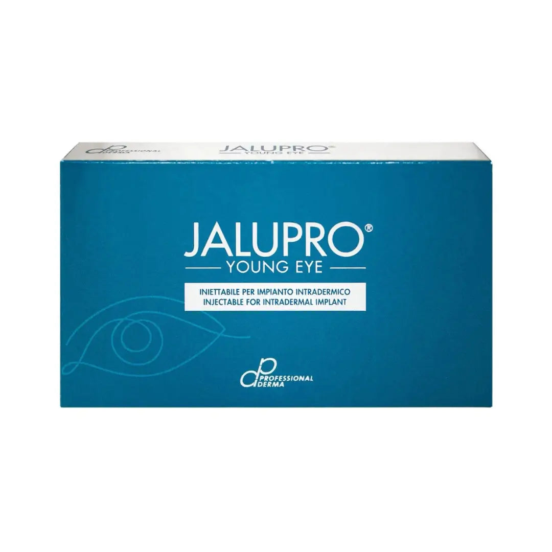 Jalupro Young Eye packaging in vibrant blue, designed for delicate eye area treatments to enhance skin elasticity and moisture.