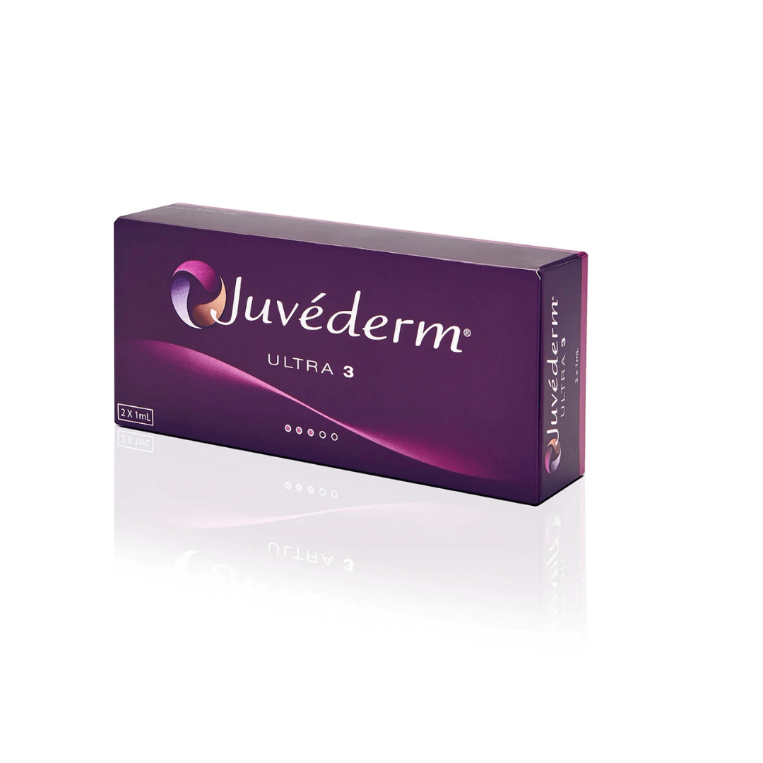 Juvederm Ultra 3 packaging in deep purple, designed for facial contour improvement with two syringes and four needles for application.