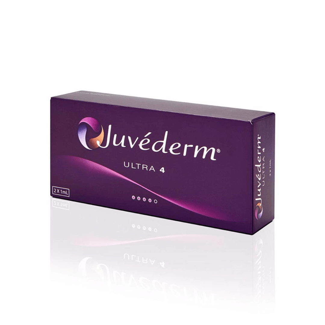 Juvederm Ultra 4 packaging in dark purple, designed for precision cosmetic enhancements with two syringes and four ultra-fine needles.