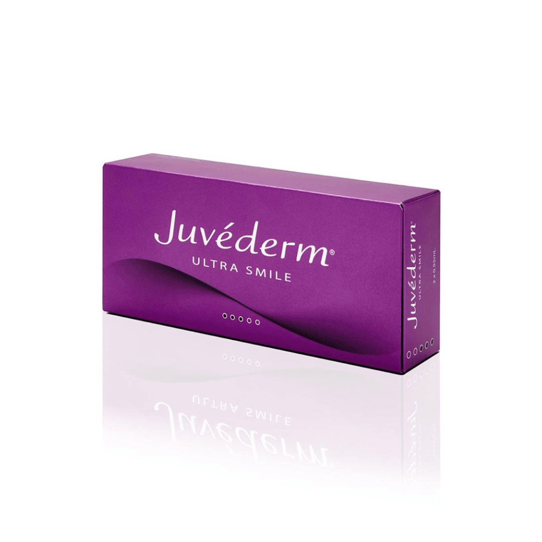 Juvederm Ultra Smile packaging in vibrant purple, designed for enhancing the aesthetic appearance of the lip and mouth area with hyaluronic-based gel.