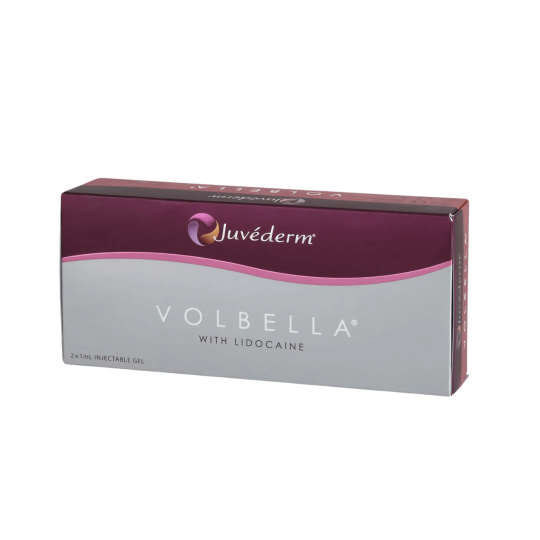 Juvederm Volbella Lidocaine packaging, featuring a sophisticated dual-tone design for enhancing natural facial contours with comfort-focused gel.