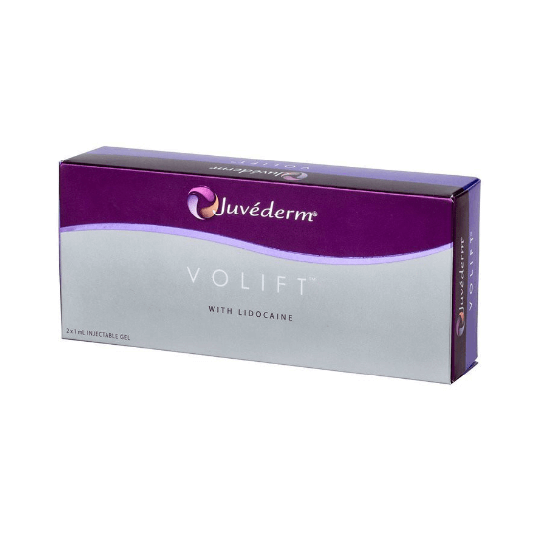 Juvederm Volift Lidocaine packaging in purple and white, designed for precise facial contour enhancements with two prefilled injectable units.