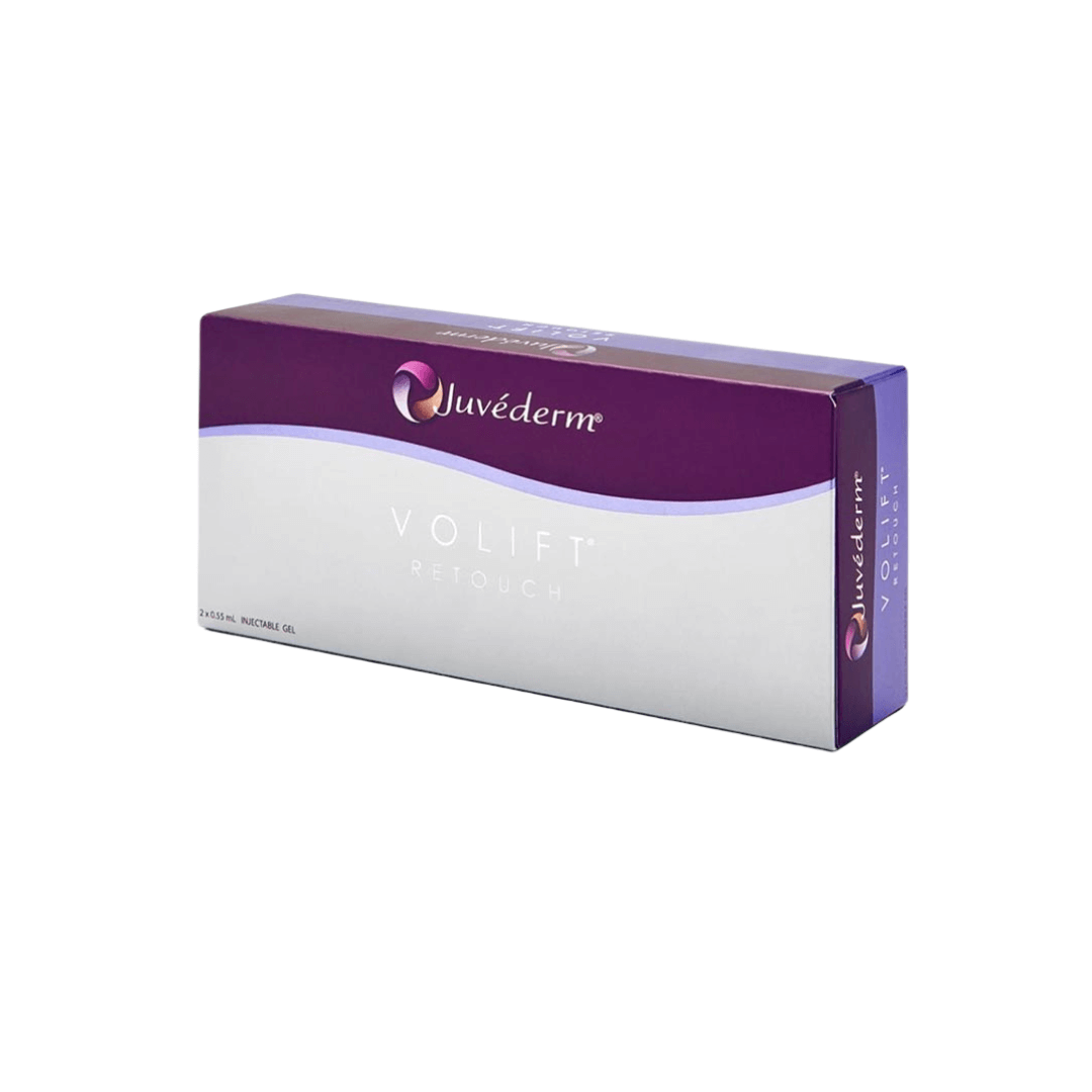 Juvederm Volift Retouch packaging in purple and white, designed for mid-face aesthetic enhancements with two syringes and four needles.