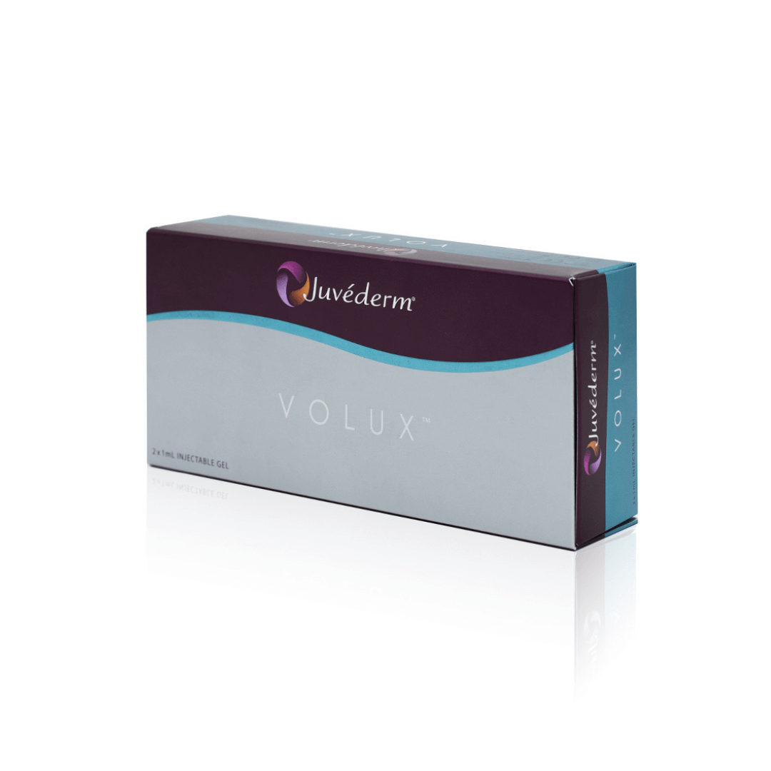 Juvederm Volux Lidocaine packaging in deep purple and turquoise, specifically designed for facial contour enhancement with two pre-filled syringes.