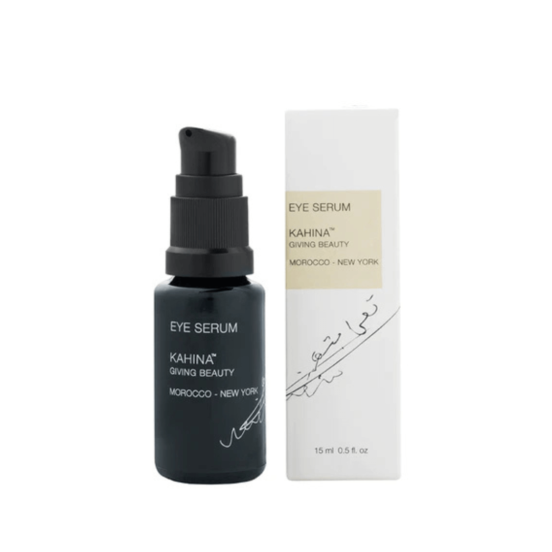 Kahina Eye Serum 15ml bottle with packaging, showcasing natural eye care for reducing puffiness and enhancing skin texture.