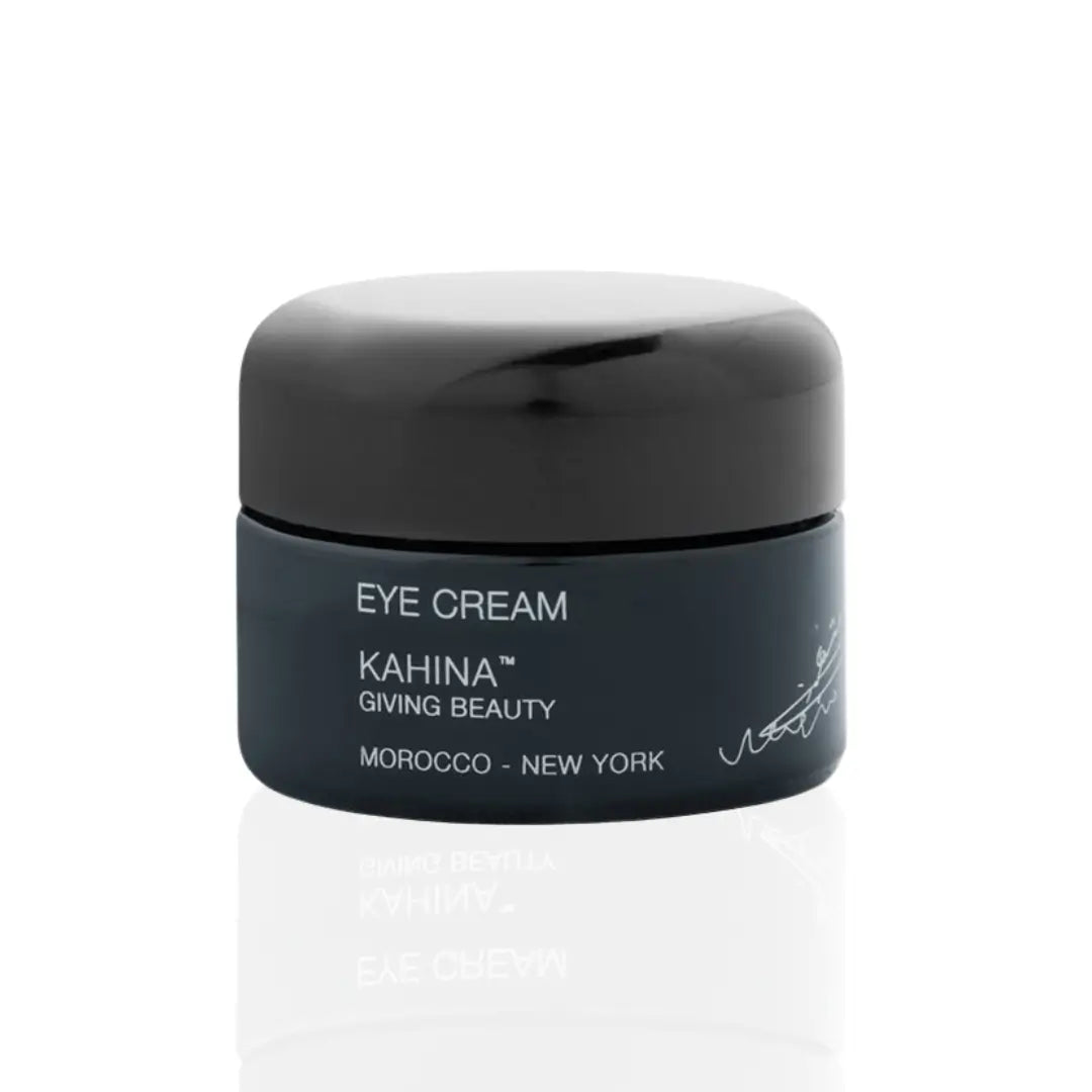 Kahina Eye Cream 12ml black jar displayed prominently, emphasizing its compact size and sleek design suitable for daily eye care.