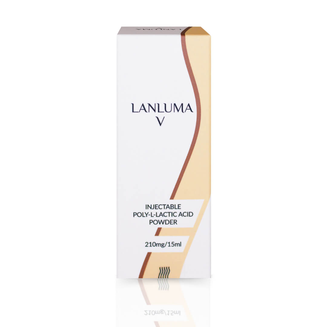 Lanluma V product box with a modern design highlighting the 210mg/15ml poly-L-lactic acid powder.