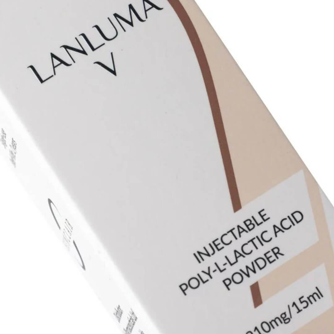 Lanluma V packaging close-up showing product name and poly-L-lactic acid powder details, 210mg/15ml.