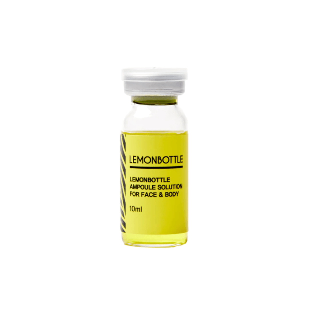 Lemon Bottle Ampoule Solution in a clear glass vial with bright yellow label, designed for fat reduction on face and body