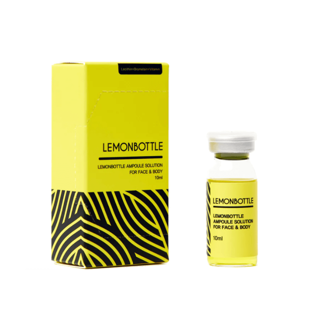 Lemon Bottle Ampoule Solution packaging and vial, vibrant yellow box with black patterns, containing a high-concentration formula for body and facial contouring.