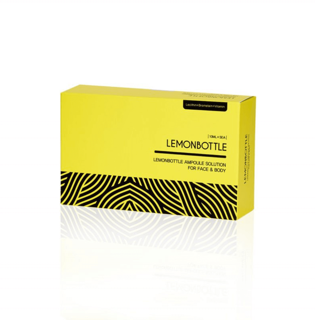 Lemon Bottle Ampoule Solution packaging, a vibrant yellow box with black zebra patterns, designed for face and body fat reduction.