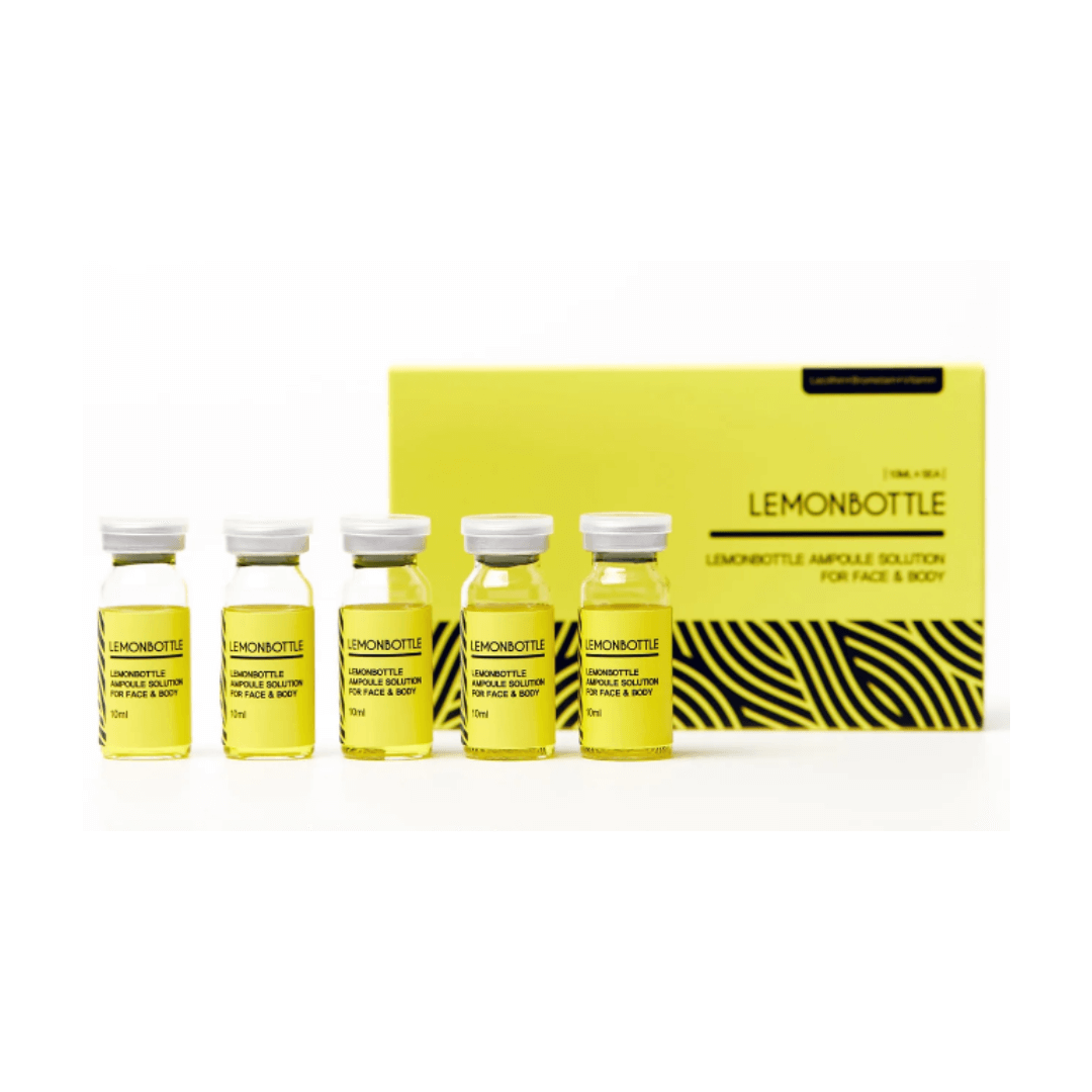 Multiple Lemon Bottle Ampoule vials displayed in front of their yellow packaging, each vial designed for targeted fat reduction on face and body.