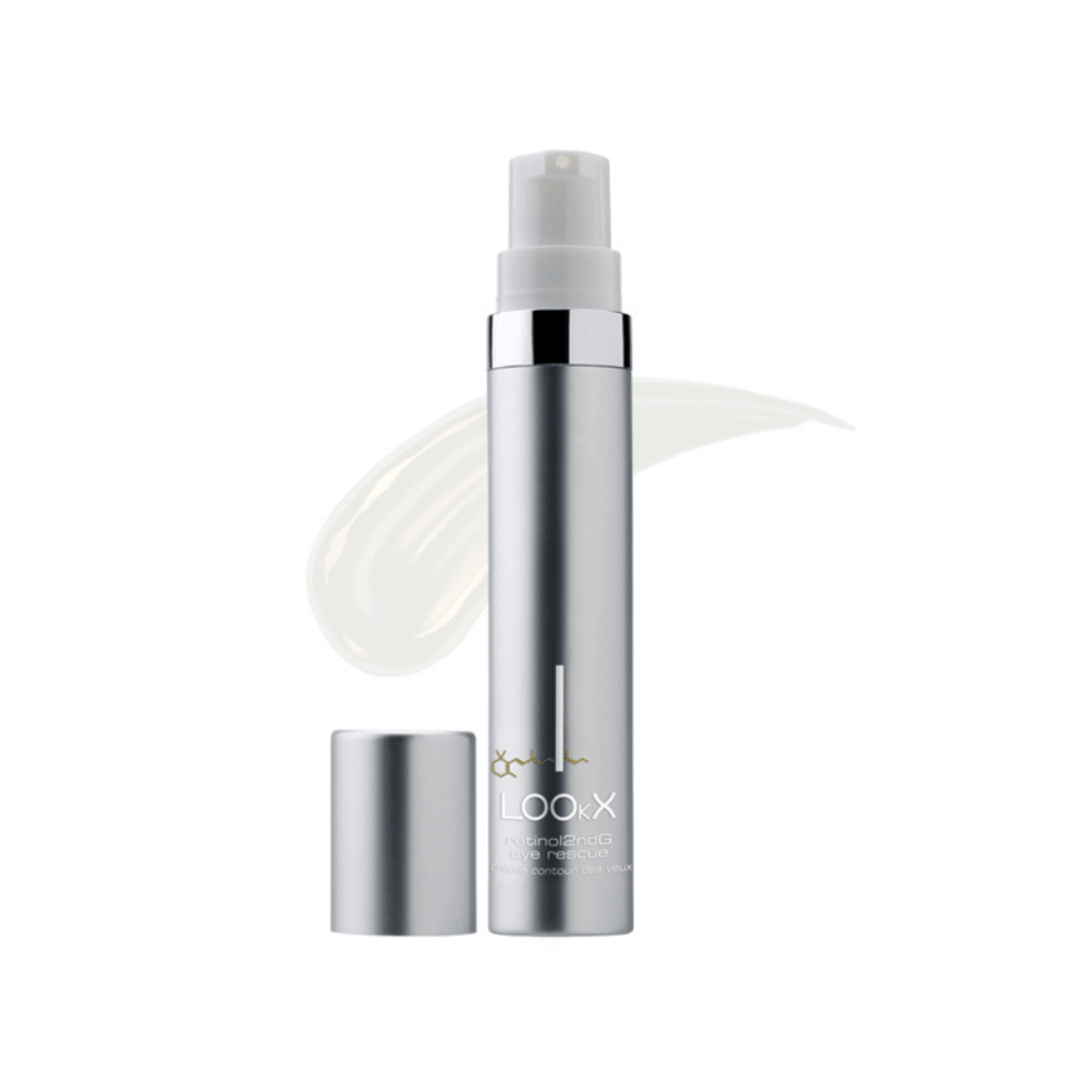 Lookx Retinol2ndG Eye Rescue cream shown beside its airless pump bottle, highlighting the smooth texture and advanced packaging for eye care.