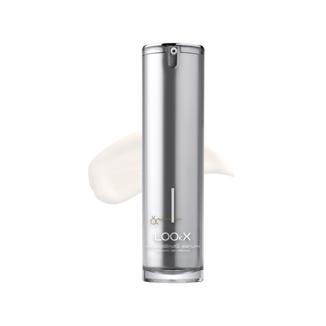 Lookx Retinol2ndg Serum 40ML front view, silver airless pump bottle showcasing gel-like skincare serum