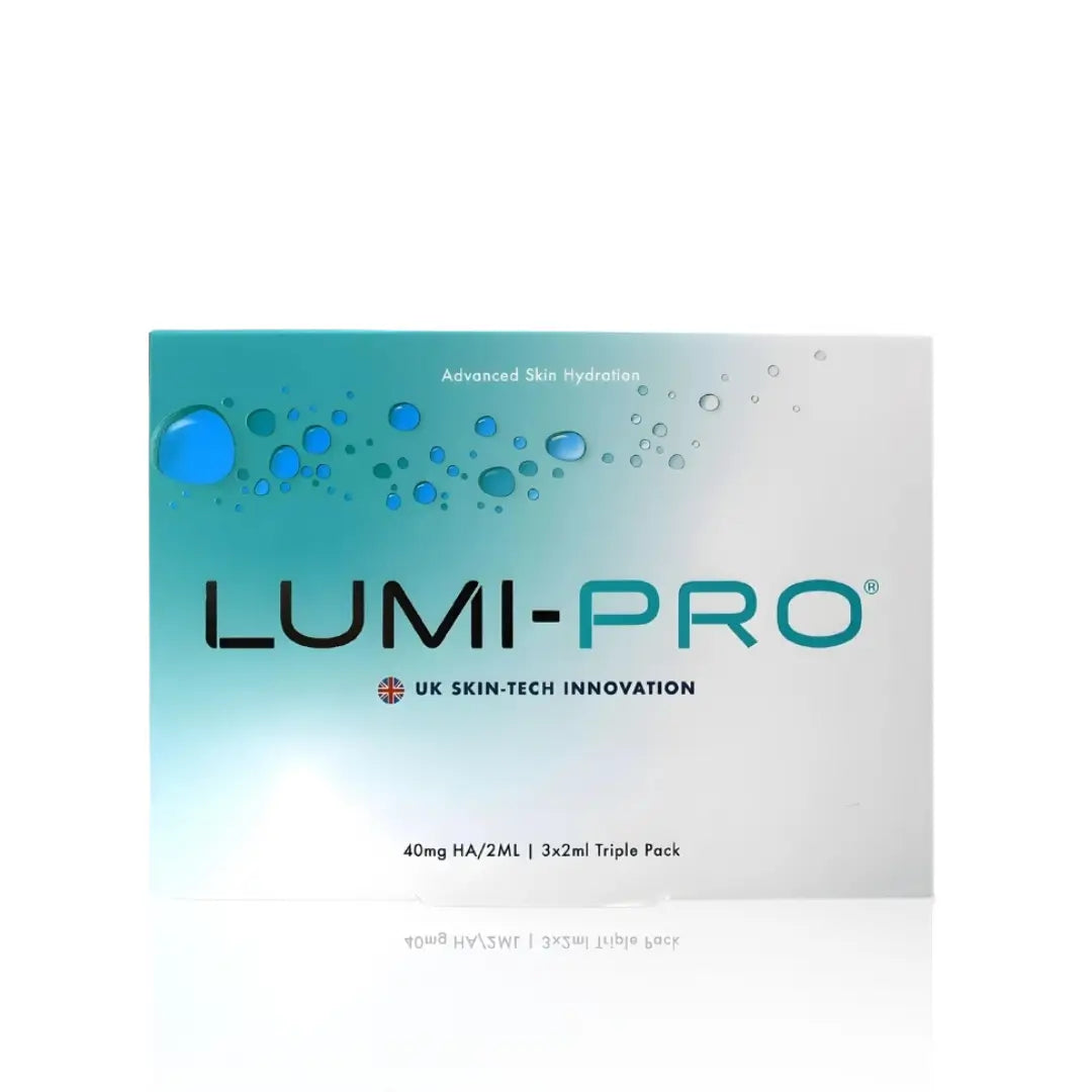 Box of Lumi-Pro skin booster, featuring 3x2ml vials for advanced skin hydration, labeled as UK skin-tech innovation.