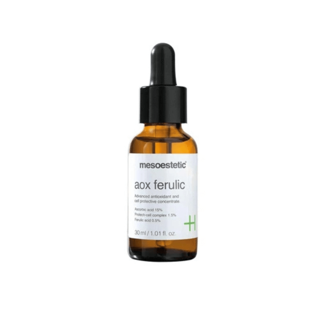 Mesoestetic AOX Ferulic serum in dropper bottle, antioxidant protection, enhances skin brightness.