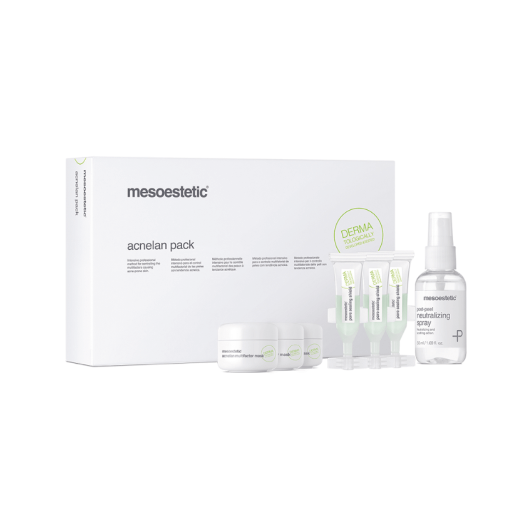 Contents of Mesoestetic Acnelan Pack including masks, neutralizing spray, and protective shield. Comprehensive treatment for acne-prone skin, aiming to balance sebum and flora.