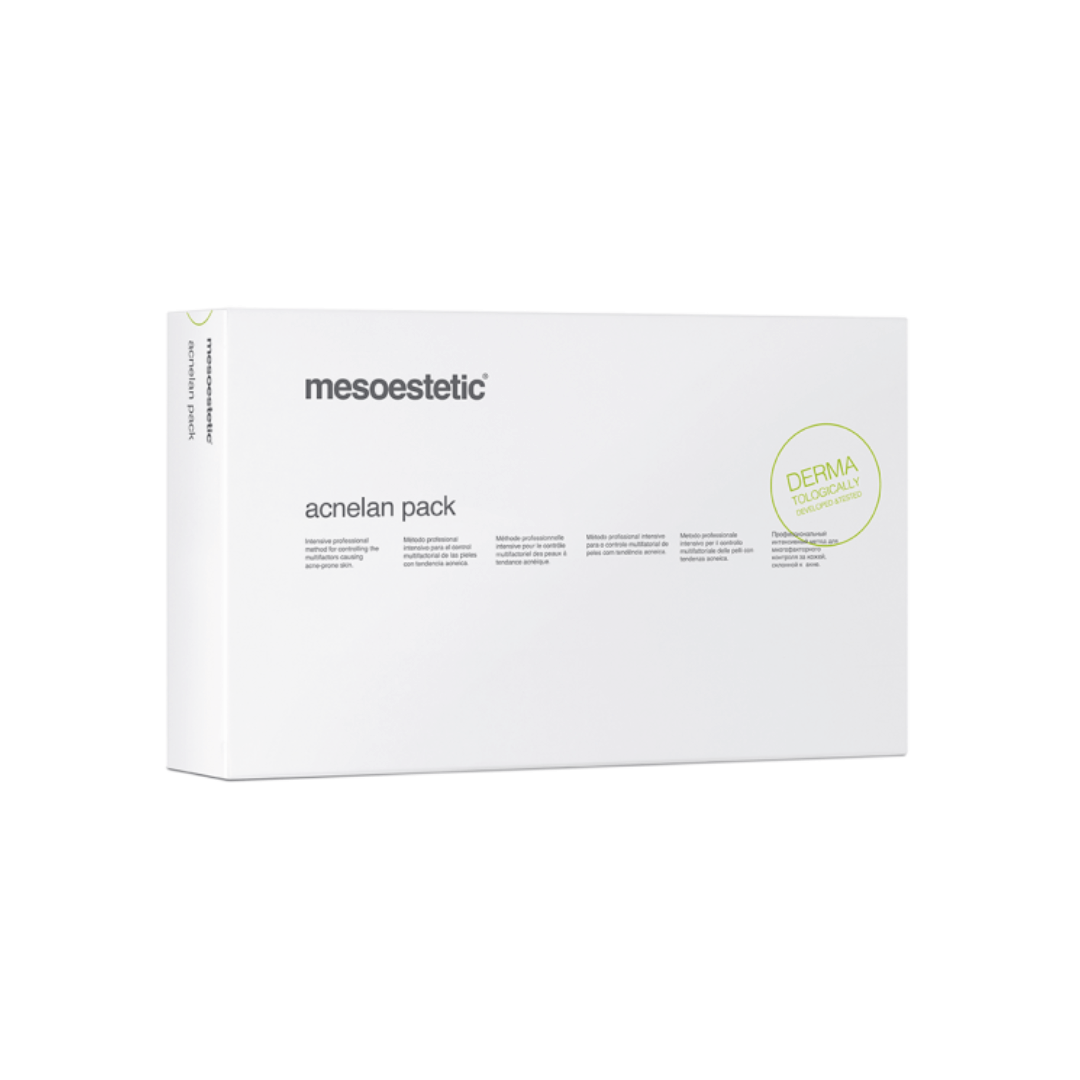 Mesoestetic Acnelan Pack box for intensive treatment of acne-prone skin. Dermatologically tested, designed for professional use to manage sebum and reduce skin irritation.