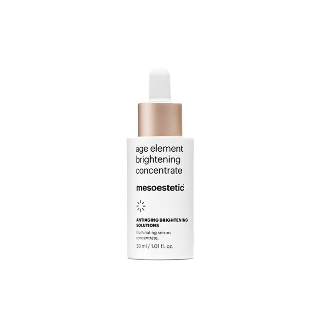 Close-up of Mesoestetic Age Element brightening concentrate bottle with dropper, emphasizing its use for skin tone improvement and radiance boost.