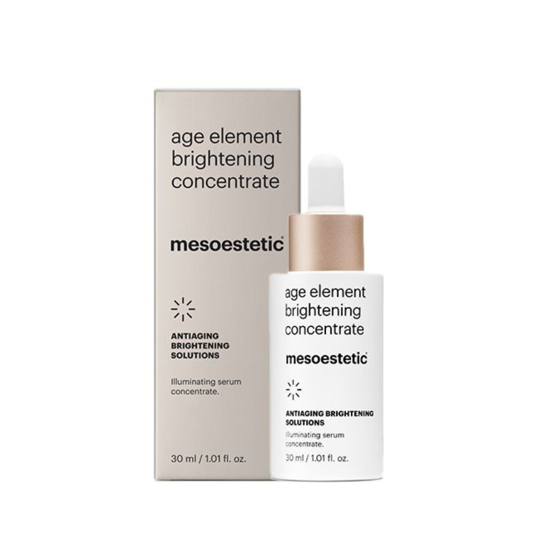 Packaged view of Mesoestetic Age Element brightening concentrate, box and bottle showcased.