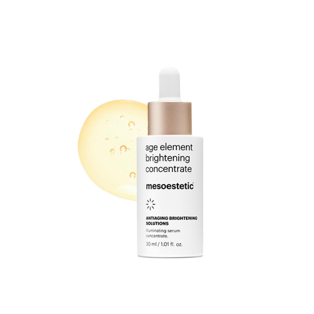 Mesoestetic Age Element brightening serum in white bottle with dropper, highlighted by a golden splash, enhancing skin tone and radiance.