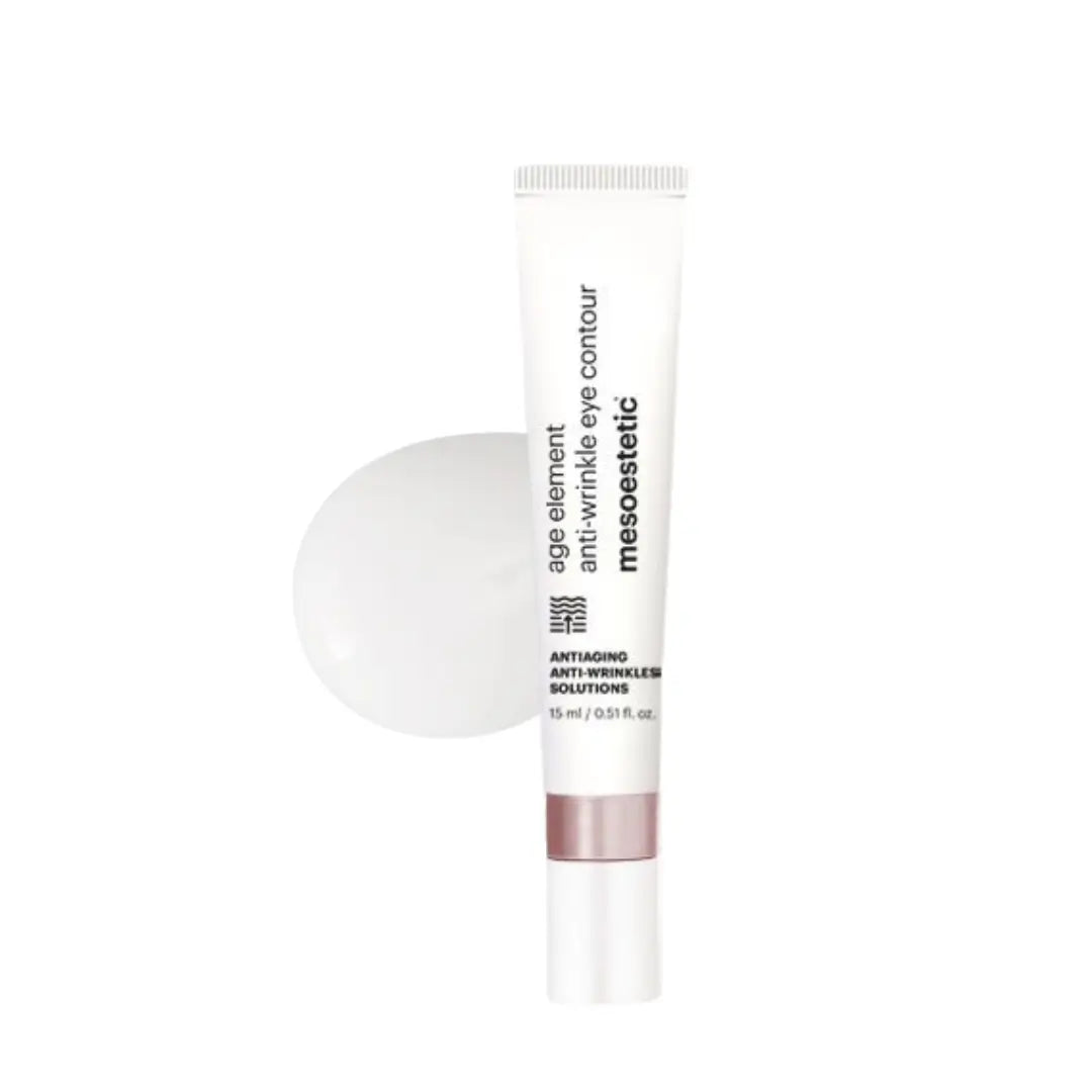 Tube of Mesoestetic Age Element Anti Wrinkle Eye Contour, 15ml, shown with a cream texture, designed for a smoother and refreshed eye area.