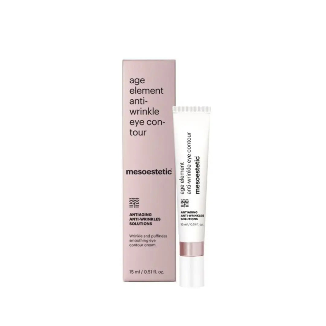 Box and tube of Mesoestetic Age Element Anti Wrinkle Eye Contour, 15ml, a solution to reduce puffiness and brighten the under-eye area.