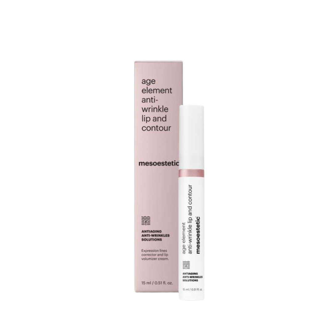 Box and tube of Mesoestetic Age Element Anti Wrinkle Lip and Contour, 15ml, a product designed to enhance lip smoothness and reduce visible fine lines.