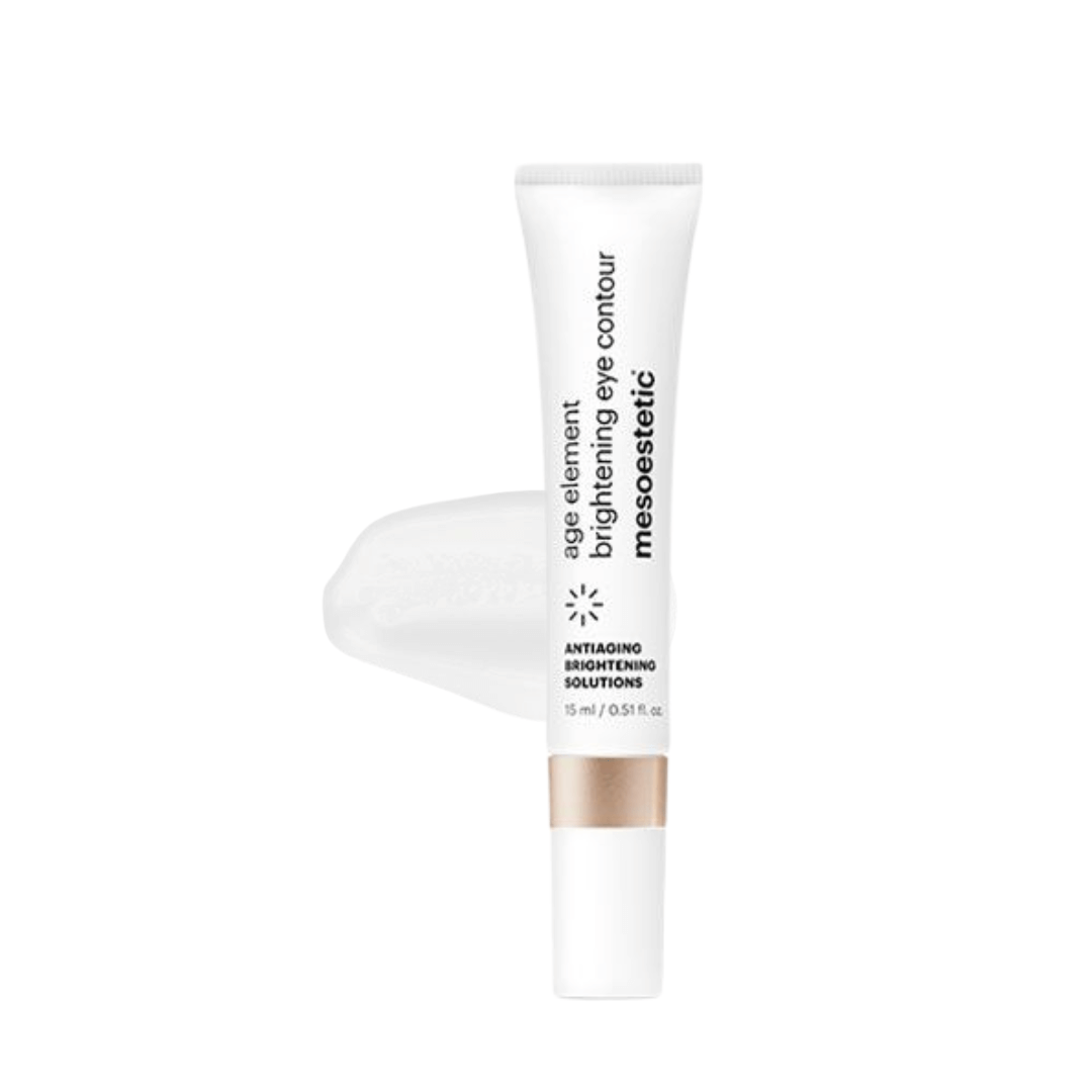 Tube of Mesoestetic Age Element Brightening Eye Contour, 15ml, with a cream texture, created to refresh and brighten the under-eye area.