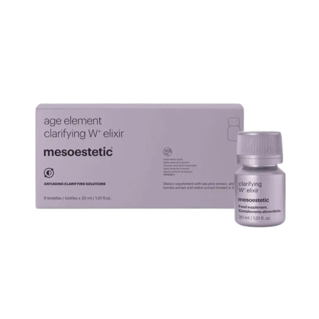 Packaging and bottle of Mesoestetic Age Element Clarifying W+ Elixir, skin tone enhancer, six 30 ml bottles.