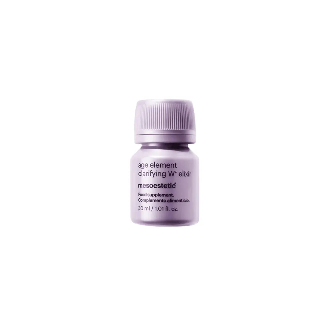 Close-up of Mesoestetic Age Element Clarifying W+ Elixir bottle, lavender, for enhancing skin tone, 30 ml.