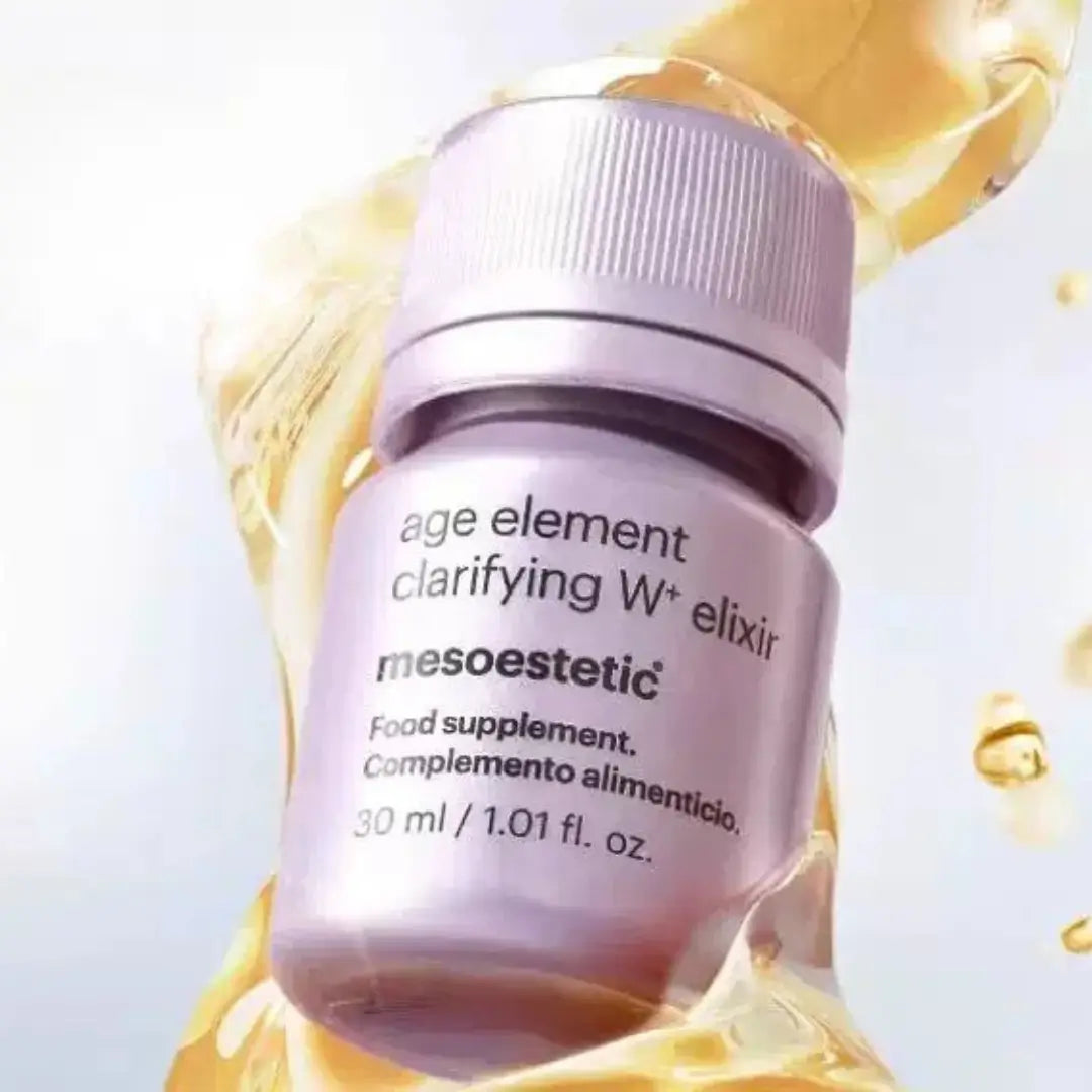 Mesoestetic Age Element Clarifying W+ Elixir in lavender bottle with gold liquid splash, promotes skin radiance, 30 ml.