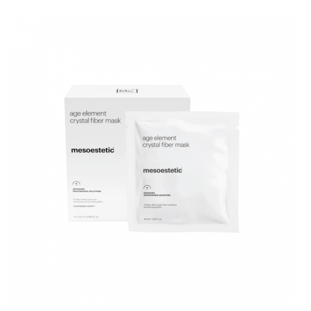 Mesoestetic Age Element Crystal Fiber Mask sachet with box packaging. Anti-wrinkle mask with hyaluronic acid and instantlift peptide.