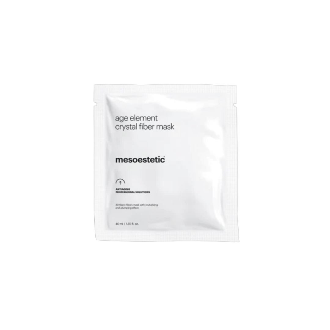 Mesoestetic Age Element Crystal Fiber Mask sachet. Facial mask with 3D Nano-fiber system for radiance and deep moisturizing.