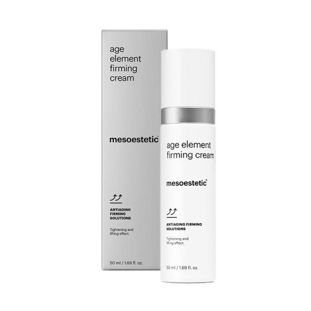 Mesoestetic Age Element Firming Cream 50ml bottle with box packaging. Firming cream for treating facial, neck, and neckline flaccidity.